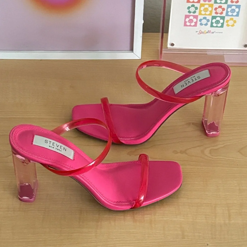 Steven New York Pink Jelly Strap & Clear Block Heel Sandals - Picture 5 of 5